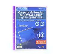 Carpeta de Fundas Multitaladro - 10 Fundas Ultra Cristal con Portada Personalizable -REF.151-M - Tamaño A4 - Ideal para Archivo en Anillas by Office Box (Color Morado)