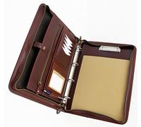 Carpeta de piel ejecutiva con 4 anillas, profesional, con cierre de cremallera, resumen, documentos, notas, tabletas, organizador de escritorio, para hombres, mujeres con asa marrón