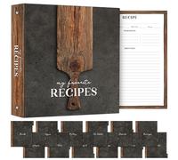 Carpeta de recetas de cocina de 11 x 12 pulgadas, diseño de cáscara de pizza de madera con cubierta "My Favorite Recipes", 25 páginas transparentes, 25 hojas de recetas, 12 separadores de colores