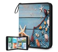 Carpeta de tarjetas coleccionables con 4 bolsillos, diseño rústico de playa con estrellas de mar de madera, con fundas extraíbles, impermeable, con cremallera, capacidad para 50 páginas y 400 tarjetas