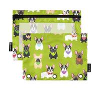 Carpeta de trabajo de 3 anillos con cremallera, bolsas para lápices, carpetas transparentes florales, estuche para bolígrafos, escuela, lindos dibujos animados, bulldogs franceses, verde, 9.8 x 7.1