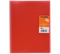Carpeta Fundas Plastico a4 XS, Rojo, 50 Forros Transparentes Polipropileno Estándar, Tapas Semirrígidas Traslúcidas, Espiral PVC, Cierre de Gomas, Ideal para Documentos y Archivar Papeles