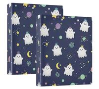 Carpeta impresa de 3 anillos de 1.5 pulgadas, carpeta de anillos en D con bolsillos, carpetas decorativas para escuela, universidad u oficina, fantasmas de dibujos animados espaciales, azul marino