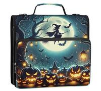 Carpeta organizadora de calabazas de bruja de Halloween de 1 1/2 pulgadas, 3 anillos en D, con cremallera, con correa, bolsa de escuela secundaria, cartera de dibujos animados y soporte para carpeta