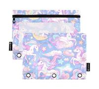 Carpeta para bolígrafos con ventana transparente, diseño de unicornios arcoíris morado, con cremallera, gran capacidad, 3 anillos, organizador de oficina, multicolor, 2 unidades