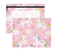 Carpeta para lápices, bolsillo resistente de 3 agujeros para cartas de papel A4, paquete de 2 unidades, estudiantes, estudiantes, suministros para profesores, lindos unicornios arcoíris blancos de