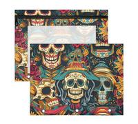 Carpeta para lápices, perforadora portátil de 3 agujeros para carpeta de 3 anillas, paquete de 2 unidades, clase de estudiantes, mexicano de los muertos, flores coloridas de calavera