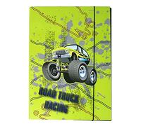 Carpeta para niños A4, Portadocumentos, Carpetas Clasificadoras, Caja de Cartón A4 con Goma Elástica, Grapadora DIN A4, para niños (Off Road Truck)