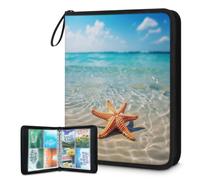 Carpeta para tarjetas de intercambio, 4 bolsillos, diseño de estrella de mar, playa, para verano, océano, estrellas de mar, álbum de tarjetas con fundas extraíbles, impermeable, con cremallera