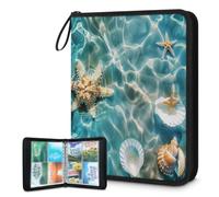 Carpeta para tarjetas de intercambio, 4 bolsillos, para verano, playa, estrellas de mar, tarjetas, carpeta, conchas marinas, océano, álbum de tarjetas con fundas extraíbles, impermeable, con