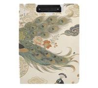 Carpeta portapapeles con almacenamiento, diseño de nube, flores japonesas, pavo real, beige, A4, dos clips de metal, soporte para bolígrafos, clip de lactancia con cubierta