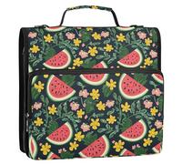 Carpeta resistente con cremallera de 3 anillos con correa para el hombro, impermeable, bolsa de almacenamiento para documentos, archivos, para la escuela, sandías, rodajas, hojas y flores