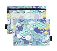 Carpeta tradicional verde japonesa Ukiyo-e con cremallera con anillos transparentes para ventana, estuche para lápices en varios colores, carpetas de 3 anillos para suministros escolares de oficina
