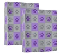 Carpetas de anillas redondas de 1.5 pulgadas, estampado de huellas de perro a cuadros grises y morados con bolsillos interiores, paquete de 1/2 paquete de tapa dura, paquete de 2