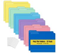 Carpetas de archivos de polietileno pesadas, pestañas de corte de 1/3, paquete de 12, colores surtidos, tamaño carta, con etiquetas adhesivas, por Better Office Products