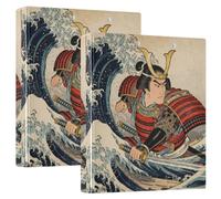Carpetas de cuaderno de 3 anillos de una pulgada y media con bolsillos, paquete de 1/2 carpeta de suministros escolares, 200 hojas, samurai japonés con olas del mar del océano