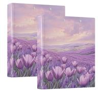 Carpetas de tres anillos de 1 y 1/2 pulgadas, tulipanes, color morado primavera lavanda con bolsillos interiores, paquete de 1/2 carpeta escolar de tapa dura, paquete de 2