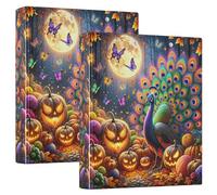 Carpetas personalizadas de calabaza dorada de pavo real de Halloween de 1.5 pulgadas, 3 anillos con capacidad para 200 hojas, cuaderno, carpeta de recetas de anillos redondos, 12.4 x 10.6 x 2.36