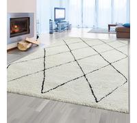 CARPETIA Alfombra de salón escandinava de Pelo Alto con Estampado de Rombos Blanco Negro, 140 x 200 cm