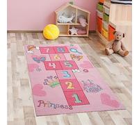 CARPETIA Alfombra de Salta Juego Infantil Corona Corazones y Castillo de Princesa en Rosa, 80 x 150 cm