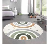 CARPETIA Alfombra infantil, habitación de juegos, dormitorio, pelo corto, colores pastel, suave, fácil de limpiar, resistente, arco iris, estrellas, alta calidad, color crema, 120 cm, redonda