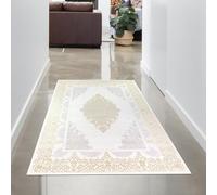 CARPETIA Alfombra salón Corto Ornamentos meandro Brillante Pila Corta Oriental Encantador Hormiga Pasillo Armario Corredor Crema Oro 80x150 cm