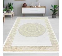 CARPETIA Alfombra salón Dormitorio meandro Pelo Corto Oriental Elegante Adornos Brillantes Enorme XXL Crema Oro 240 x 340 cm