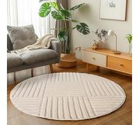 Carpetsale24 Alfombra Redonda 120 cm Crema de Pelo Largo Estilo Escandinavo Boho Diseño Cuadros Efecto Relieve Suave Acolchada Resistente Fácil de Limpiar Moderna para Mesa Auxiliar