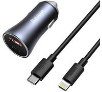 Cargador de Mechero Baseus Golden Contactor Pro Carga Rápida 40W USB-C+USB-A con Cable USB-C a Lightning 1m