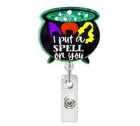 Carrete de insignia de enfermera con texto en inglés "I Put A Spell on You", retráctil, con purpurina y texto en inglés "The Witch's Cauldron", clip de cocodrilo acrílico, clip de identificación para