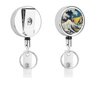 Carrete de insignia japonés The Great Wave Off Kanagawa retráctil para tarjetas de trabajo, cable de 62 cm y clip de cocodrilo giratorio de 360°, acero inoxidable, resistente, soporte para etiquetas