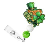 Carrete de insignia retráctil con cuentas para el día de San Patricio, tarjeta de identificación retráctil, diseño de trébol verde de la suerte, soporte de insignia de nombre, etiqueta de trabajo con