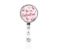 Carrete de insignia retráctil de metal, con texto en inglés "Be My Valentine" en acuarela rosa, soporte giratorio para tarjetas de identificación, llavero para enfermera, médico, profesor, oficina