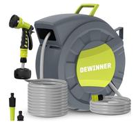 Carrete de Manguera de Jardín, DEWINNER Carrete Automático de Montaje en Pared con Boquilla de Pulverización, Soporte de Rebobinado Automático, Servicio Pesado, Manguera de 30M Riego Al Aire Libre