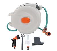 Carrete de manguera de jardín Rebobinado automático Carrete de manguera de agua con bloqueo de cualquier longitud retráctil con rociador de alta presión para lavado Limpieza de (10m)