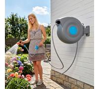 Carrete de manguera de montaje en pared con extracción automática, enrollador de manguera de jardín con pistola de 9 velocidades, resistente a los rayos UV y a las heladas, giratorio 180°, juego