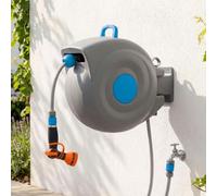 Carrete de manguera de montaje en pared con extracción automática, enrollador de manguera de jardín con pistola de 9 velocidades, resistente a los rayos UV y a las heladas, giratorio 180°, juego