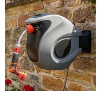 Carrete de manguera de montaje en pared con extracción automática, enrollador de manguera de jardín con pistola de 9 velocidades, resistente a los rayos UV y a las heladas, giratorio 180°, juego