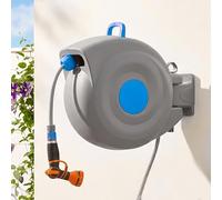 Carrete de manguera montado en la pared con extracción automática, manguera de jardín enrollador y pistola pulverizadora de 9 vías, resistente a los rayos UV, resistente a las heladas, giratorio 180°