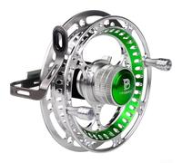 Carrete de mosca de grano de aluminio con rodamientos de bolas sellados 2+1, arrastre frontal operado por rueda de pulgar e inercia rotacional equilibrada (100 mm verde)