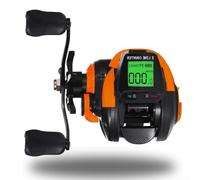 Carrete de pesca avanzado con contador de líneas y funciones de alarma de mordida para pescadores serios (naranja mano izquierda)