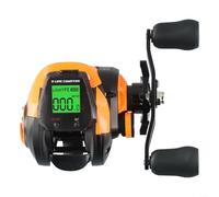 Carrete de pesca eficiente con contador de líneas digital, batería recargable y funcionalidad de posicionamiento de profundidad (naranja mano derecha)