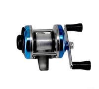 Carrete de pesca en hielo de invierno con diseño de doble mango, cuerpo compacto y de metal, línea preenrollada de 50 m, relación de engranajes 3 2 1, funcionamiento suave (dorado (azul (metal))