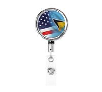 Carrete de soporte de insignia de metal resistente con bandera de Estados Unidos y Santa Lucía, soporte de insignia retráctil con clip para cinturón para titular de tarjeta de nombre clave empleado ma