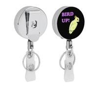 Carrete retráctil de metal Bird UP con bonitos clips para identificación con clip para cinturón y llavero con correas de PVC transparente.