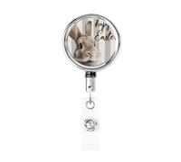Carrete retráctil de metal, diseño de conejito con texto en inglés "Happy Easter Cute Bunny Brown Beige Stripes Badge Holder Giratorio ID Card Hang Llavero para enfermera, médico, profesor, oficina