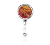 Carrete retráctil de metal, diseño de dragón dorado de fantasía, soporte giratorio para tarjetas de identificación, llavero para enfermera, médico, profesor, oficina