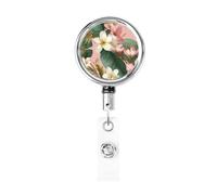 Carrete retráctil de metal, diseño de flores tropicales rosadas y blancas, hojas de plátano, soporte giratorio para tarjetas de identificación, llavero para enfermera, médico, profesor, oficina