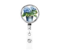 Carrete retráctil de metal, diseño de hortensias azules en una olla, soporte giratorio para tarjetas de identificación, llavero para enfermera, médico, profesor, oficina