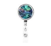 Carrete retráctil de metal, vidrieras, majestuosas luces del cielo del norte, soporte giratorio para tarjetas de identificación, llavero para enfermera, médico, profesor, oficina